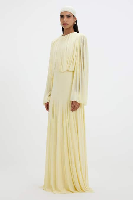 Buy_Deme By Gabriella_Yellow Lycra, Net Round Neck Jeanie Pleated Balloon Sleeve Gown _Online_at_Aza_Fashions