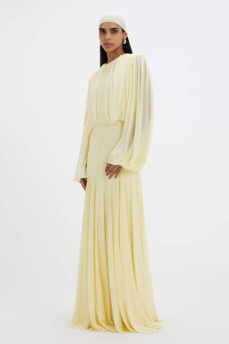 Shop_Deme By Gabriella_Yellow Lycra, Net Round Neck Jeanie Pleated Balloon Sleeve Gown _Online_at_Aza_Fashions