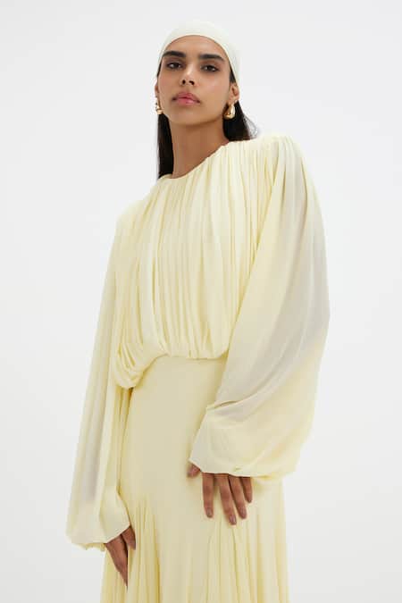 Buy_Deme By Gabriella_Yellow Lycra, Net Round Neck Jeanie Pleated Balloon Sleeve Gown 