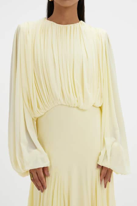 Shop_Deme By Gabriella_Yellow Lycra, Net Round Neck Jeanie Pleated Balloon Sleeve Gown 