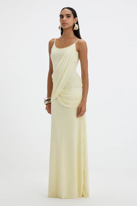 Deme By Gabriella_Yellow Lycra, Net Scoop Neck Joanna A-line Slip Dress _Online_at_Aza_Fashions