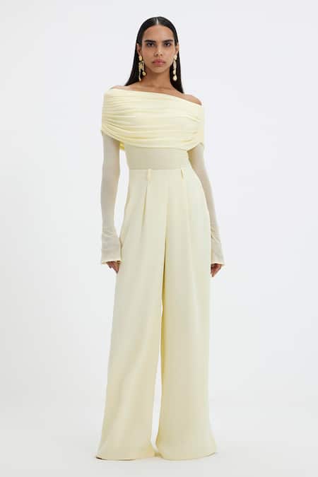 Buy_Deme By Gabriella_Yellow Net, Lycra Off-shoulder Kaley Off Draped Top And Flared Pant Set _Online_at_Aza_Fashions