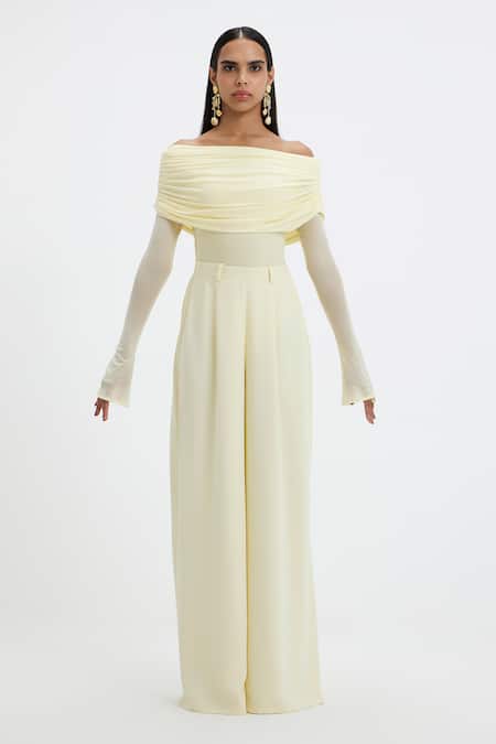 Deme By Gabriella_Yellow Net, Lycra Off-shoulder Kaley Off Draped Top And Flared Pant Set _at_Aza_Fashions