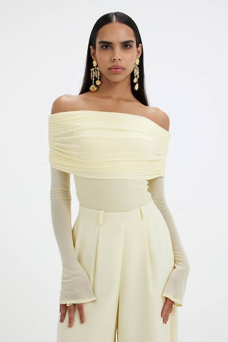 Buy_Deme By Gabriella_Yellow Net, Lycra Off-shoulder Kaley Off Draped Top And Flared Pant Set 