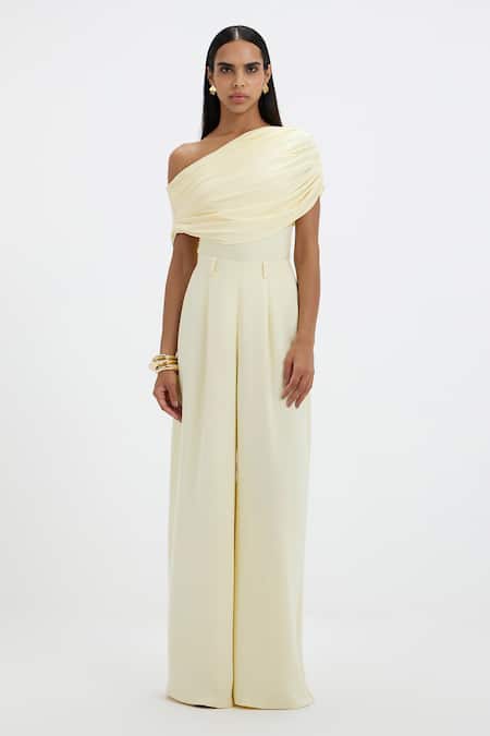 Buy_Deme By Gabriella_Yellow Lycra Asymmetric, One Shoulder Mayim Draped Bodysuit And Pant Set _Online_at_Aza_Fashions