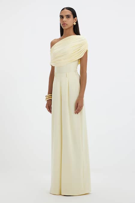 Shop_Deme By Gabriella_Yellow Lycra Asymmetric, One Shoulder Mayim Draped Bodysuit And Pant Set _Online_at_Aza_Fashions