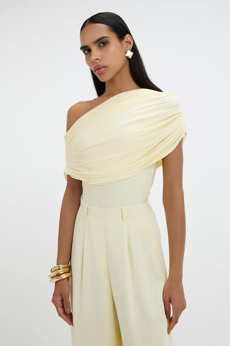 Deme By Gabriella_Yellow Lycra Asymmetric, One Shoulder Mayim Draped Bodysuit And Pant Set _at_Aza_Fashions