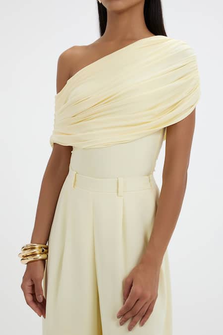 Buy_Deme By Gabriella_Yellow Lycra Asymmetric, One Shoulder Mayim Draped Bodysuit And Pant Set 