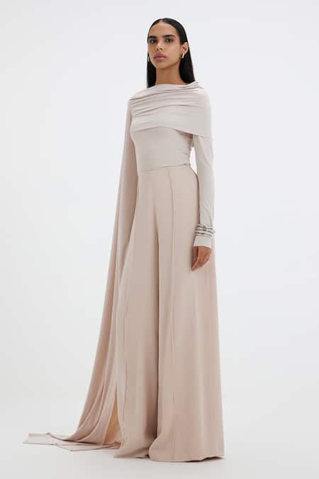 Buy_Deme By Gabriella_Off White Cowl Neck Cobbie Draped Top And Flared Pant Co-ord Set _Online_at_Aza_Fashions