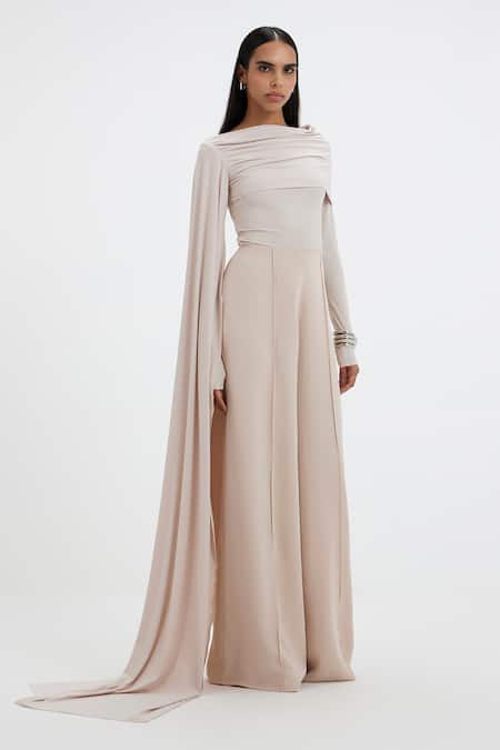 Shop_Deme By Gabriella_Off White Cowl Neck Cobbie Draped Top And Flared Pant Co-ord Set _Online_at_Aza_Fashions