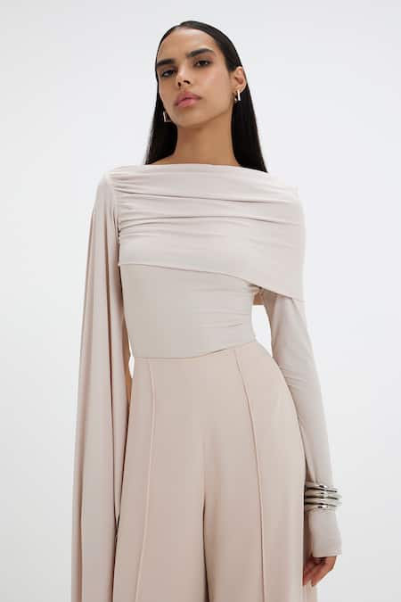 Deme By Gabriella_Off White Cowl Neck Cobbie Draped Top And Flared Pant Co-ord Set _at_Aza_Fashions