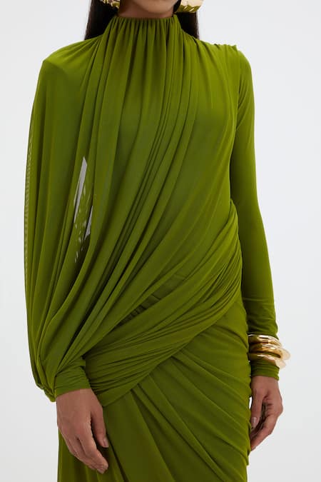 Shop_Deme By Gabriella_Green Lycra, Net High Neck Suzie Draped Gown _Online_at_Aza_Fashions