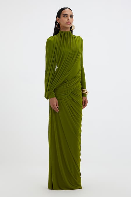 Deme By Gabriella_Green Lycra, Net High Neck Suzie Draped Gown _at_Aza_Fashions