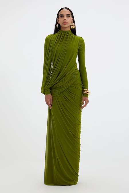 Buy_Deme By Gabriella_Green Lycra, Net High Neck Suzie Draped Gown 