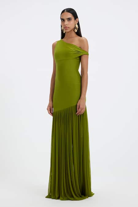 Shop_Deme By Gabriella_Green Lycra, Net One Shoulder Tiffany Pleated Gown _Online_at_Aza_Fashions
