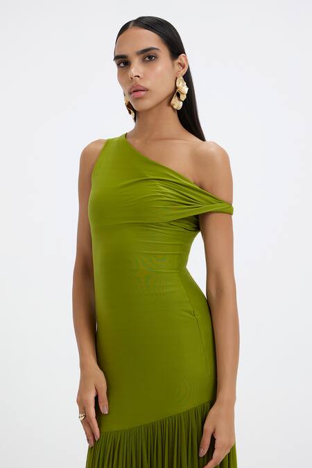 Buy_Deme By Gabriella_Green Lycra, Net One Shoulder Tiffany Pleated Gown 