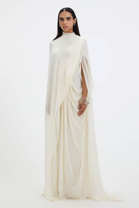 Deme By Gabriella_Off White Chiffon High Neck Stacie Draped Gown _at_Aza_Fashions
