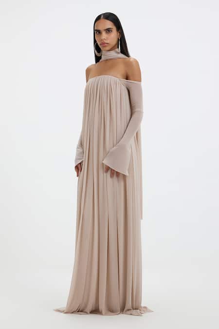 Shop_Deme By Gabriella_Off White Lycra, Net Bandeau Neck, Off-shoulder Becki Tube Gown With Scarf _Online_at_Aza_Fashions