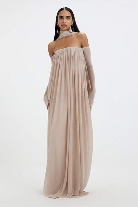 Deme By Gabriella_Off White Lycra, Net Bandeau Neck, Off-shoulder Becki Tube Gown With Scarf _at_Aza_Fashions