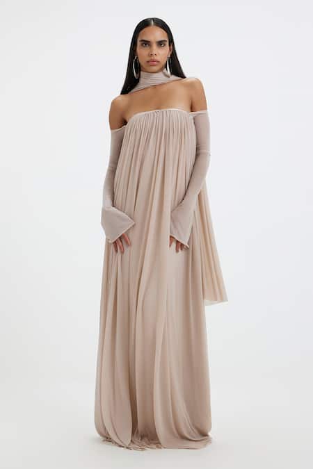 Shop_Deme By Gabriella_Off White Lycra, Net Bandeau Neck, Off-shoulder Becki Tube Gown With Scarf 