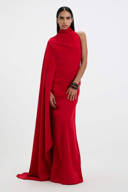 Buy_Deme By Gabriella_Red High , Halter Josie Asymmetric Gown _Online_at_Aza_Fashions