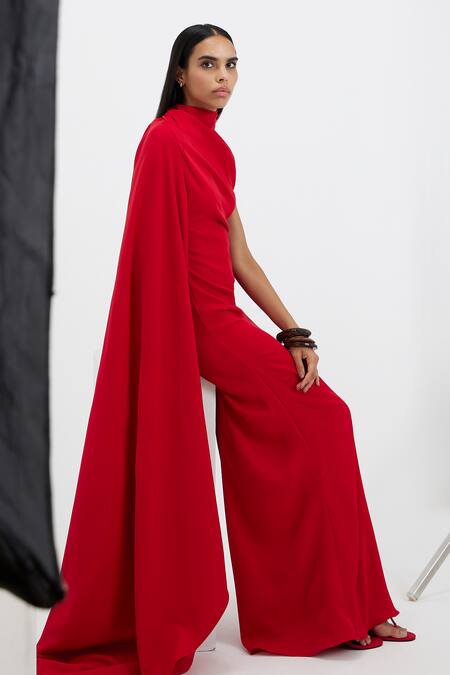 Deme By Gabriella_Red High , Halter Josie Asymmetric Gown _at_Aza_Fashions
