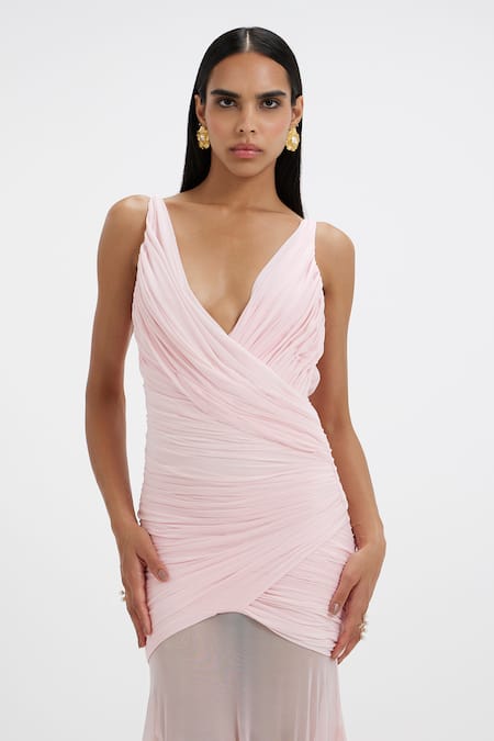 Shop_Deme By Gabriella_Pink Lycra, Net V-neck Nola Ruched V Gown _Online_at_Aza_Fashions