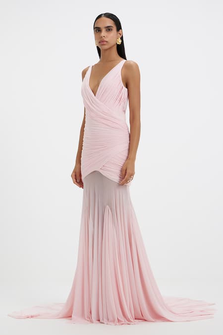 Deme By Gabriella_Pink Lycra, Net V-neck Nola Ruched V Gown _at_Aza_Fashions