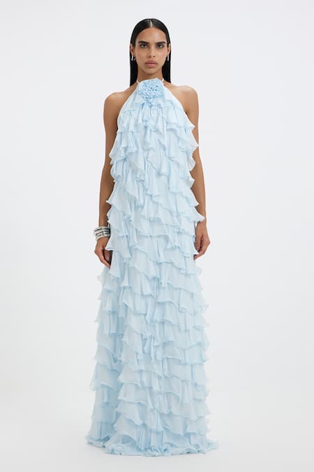 Shop_Deme By Gabriella_Sky Blue Chiffon Ruffles, Fabric Flowers Halter Neck Maisey A-line Maxi Dress _Online_at_Aza_Fashions
