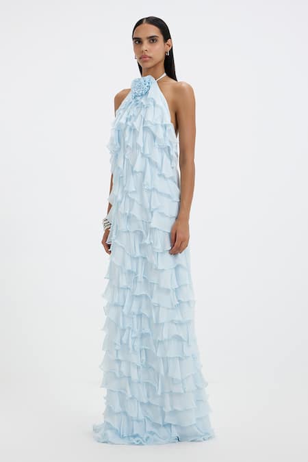 Deme By Gabriella_Sky Blue Chiffon Ruffles, Fabric Flowers Halter Neck Maisey A-line Maxi Dress _at_Aza_Fashions