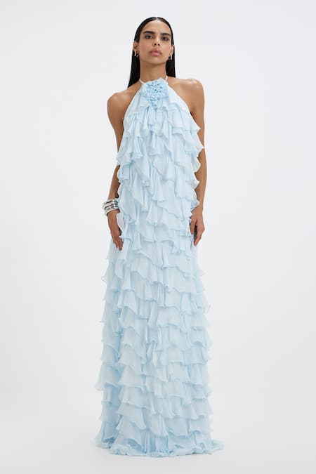 Buy_Deme By Gabriella_Sky Blue Chiffon Ruffles, Fabric Flowers Halter Neck Maisey A-line Maxi Dress 