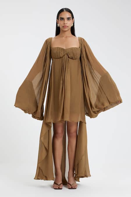 Deme By Gabriella_Green Chiffon Square Neck Marlow Ruched High Low Dress _at_Aza_Fashions