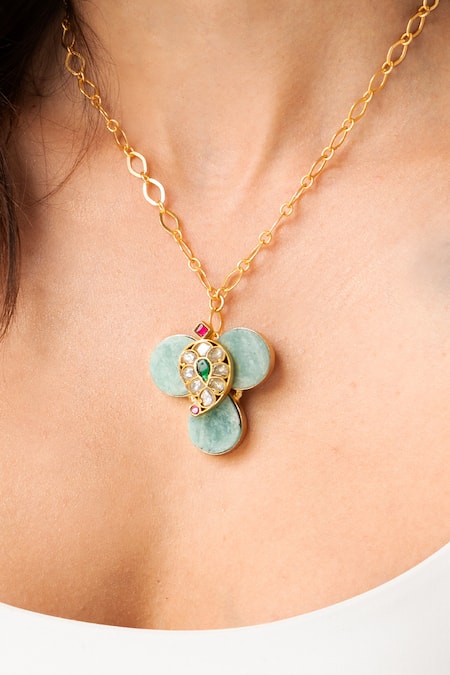 Joules by Radhika_Gold Plated Floral Green Imitation Gemstone Pendant Necklace _Online_at_Aza_Fashions