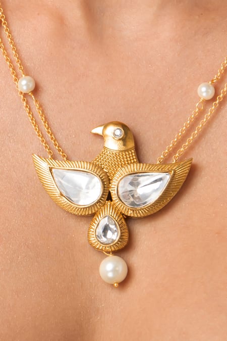 Joules By Radhika_Gold Plated Pearls, Stones Bird Statement Necklace Set _Online_at_Aza_Fashions