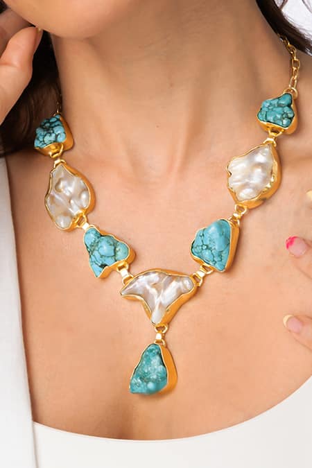 Joules By Radhika_Gold Plated Raw Stone Statement Necklace _Online_at_Aza_Fashions