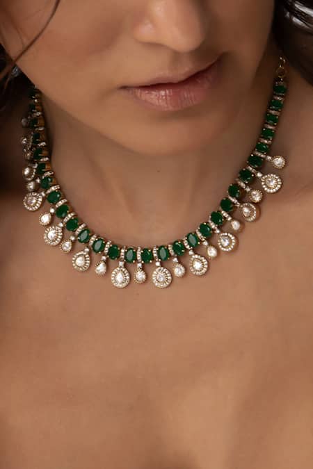 Joules By Radhika_Green Stones, Pearls Droplet Necklace Set _Online_at_Aza_Fashions