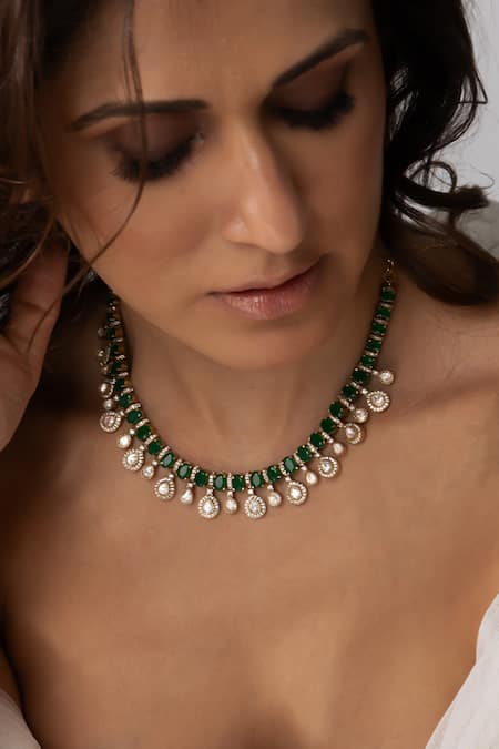 Joules By Radhika Green Stone Droplet Necklace Set 