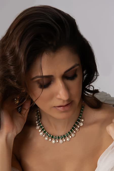 Joules By Radhika Green Stone Droplet Necklace Set 