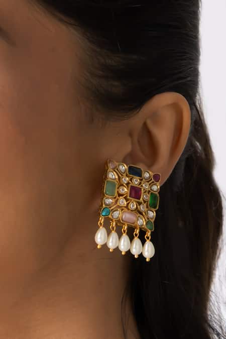 Joules By Radhika_Multi Color Stones, Pearls Ornate Multi-stone Necklace Set _Online_at_Aza_Fashions