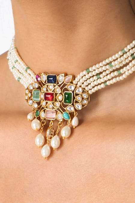 Buy_Joules By Radhika_Multi Color Stones, Pearls Ornate Multi-stone Necklace Set _Online_at_Aza_Fashions