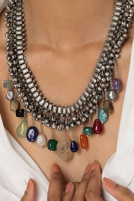 Joules By Radhika_Silver Plated Tiered Multi-drop Necklace _Online_at_Aza_Fashions