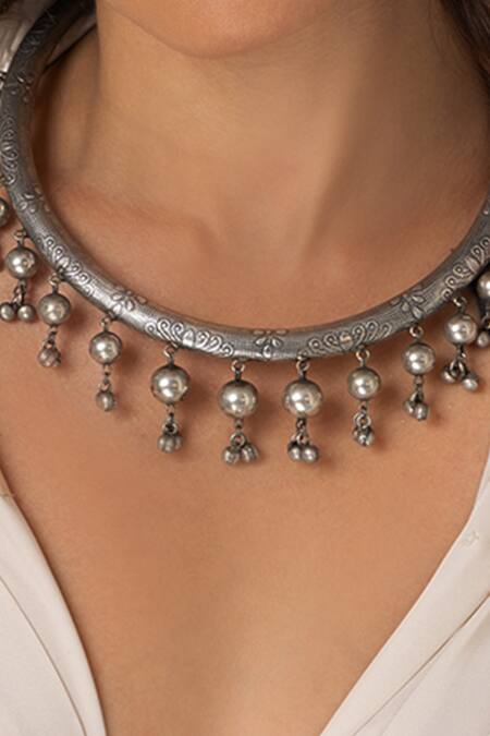 Joules By Radhika_Silver Plated Textured Dome Drop Necklace _Online_at_Aza_Fashions