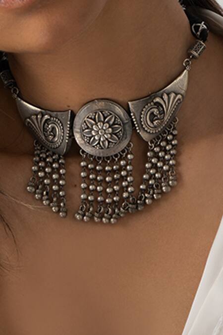 Joules By Radhika_Silver Plated Beads, Tassels Ornate Necklace Set _Online_at_Aza_Fashions