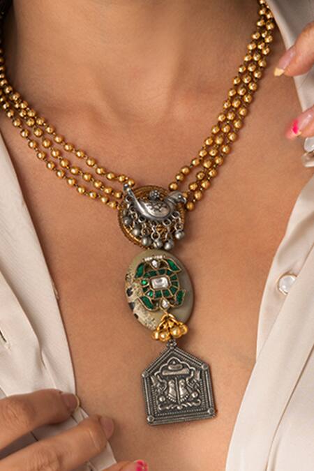 Joules By Radhika_Gold Plated Tiered Medallion Drop Necklace _Online_at_Aza_Fashions