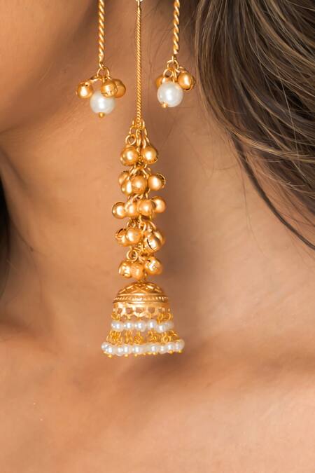 Joules By Radhika_Gold Plated Beads, Pearls, Stones Drop Jhumkas _Online_at_Aza_Fashions