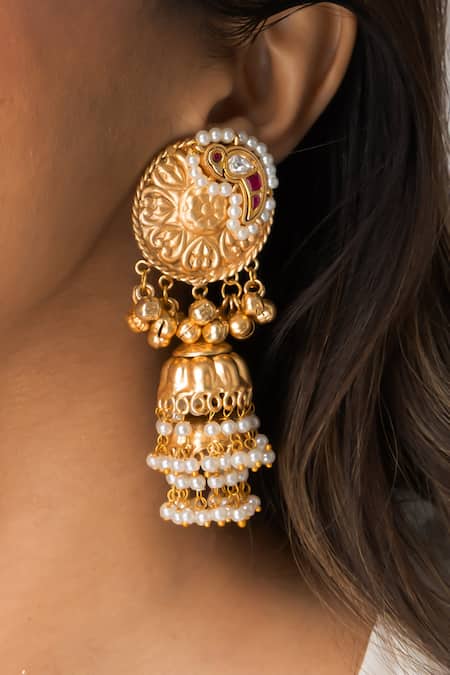 Joules By Radhika_Gold Plated Pearls, Stones Heritage Jhumkas _Online_at_Aza_Fashions