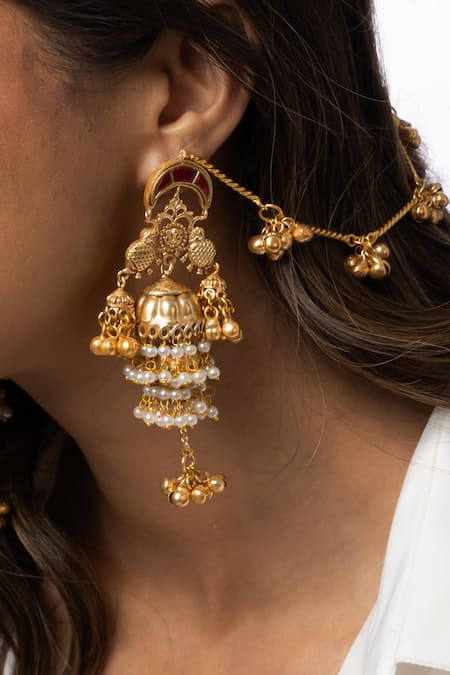 Joules By Radhika_Gold Plated Pearls, Beads, Chains Hairline Jhumka Earrings _Online_at_Aza_Fashions