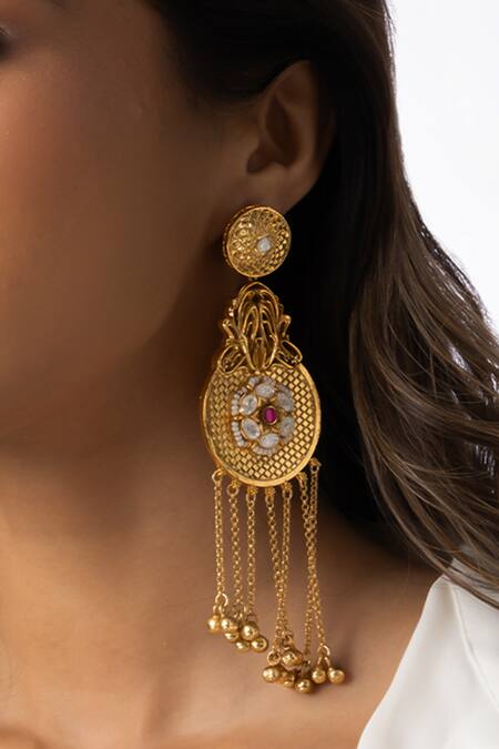 Joules By Radhika_Gold Plated Beads, Crystals, Stones Heritage Chain Drops Earrings _Online_at_Aza_Fashions