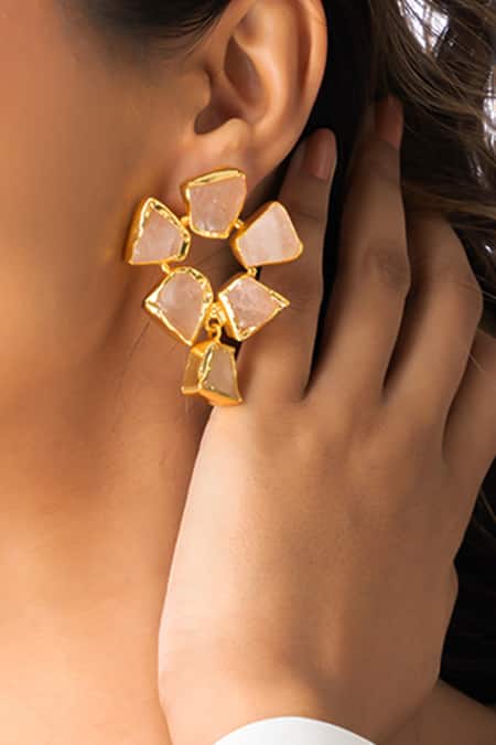 Joules By Radhika_Gold Plated Stones Raw Quartz Petals Earrings _Online_at_Aza_Fashions
