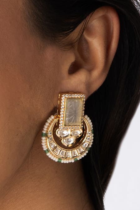 Joules By Radhika_Gold Plated Gemstones, Pearls, Disc Large Studded Earrings _Online_at_Aza_Fashions